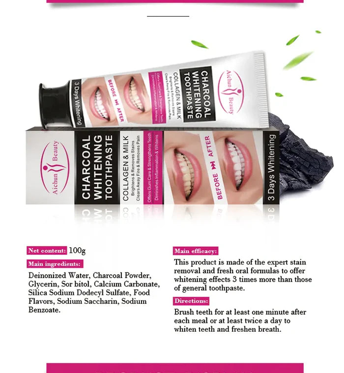 Aichun Beauty 3 Day Teeth Whitening Charcoal Toothpaste Remove Stains Strengthens Teeth Collagen Charcoal Toothpaste for Oral Care AC31861