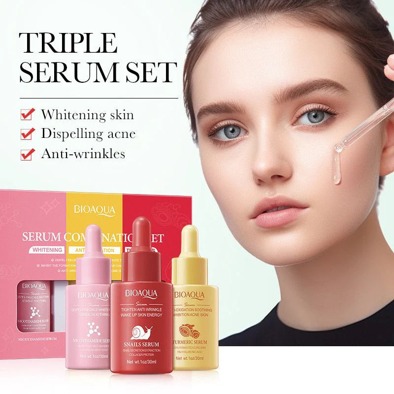 Bioaqua 3pcs/set Turmeric Snail Nicotinamide Moisturizing Face Serum 30ml BQY84069
