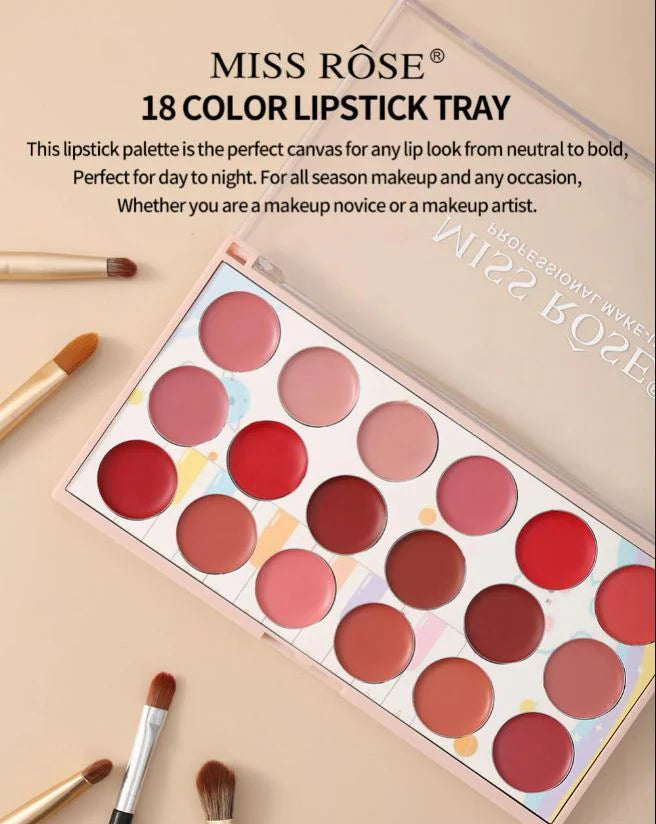 Miss Rose 18 Colors Matte Long Lasting Waterproof Nourishing Lip Cream Palette