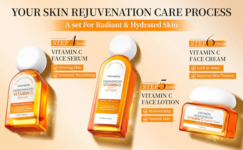 FAYANKOU Vitamin C 6 Pcs Whitening Face Kit Skin Repair Orange Essence Brightening Skin Care Set Whitening Brightening & Moisturizing Facial Kit FYK17178