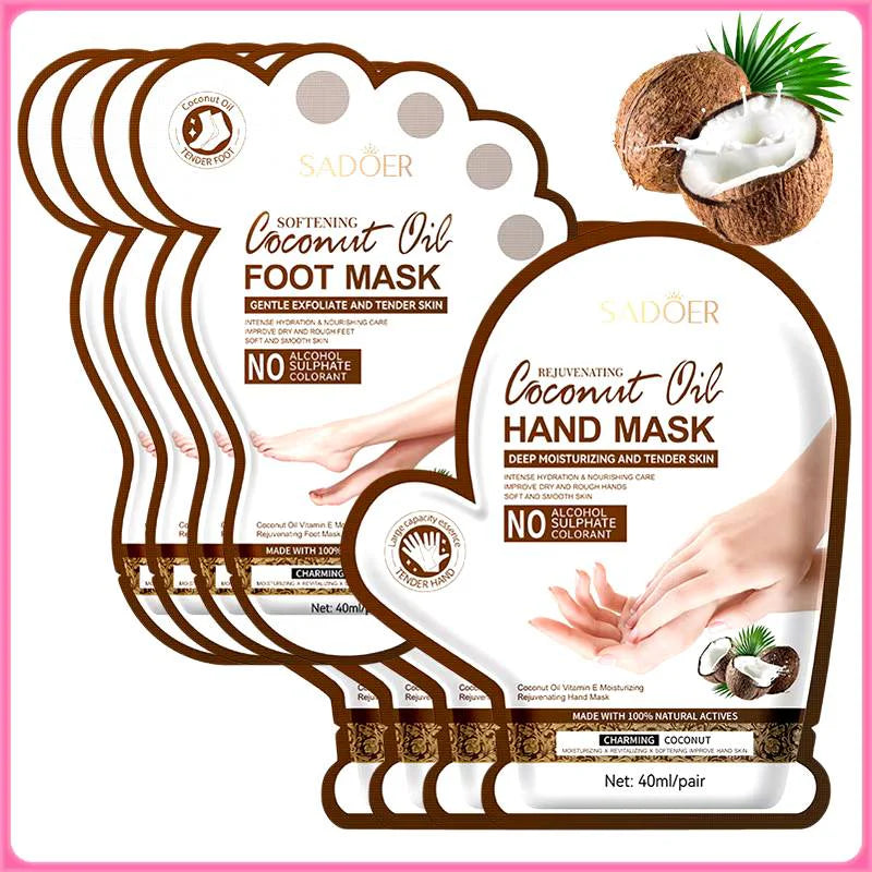 SADOER Coconut Oil Hand and Foot Mask Set - Deep Moisturizing & Exfoliating Spa Treatment - 40ml/Pair