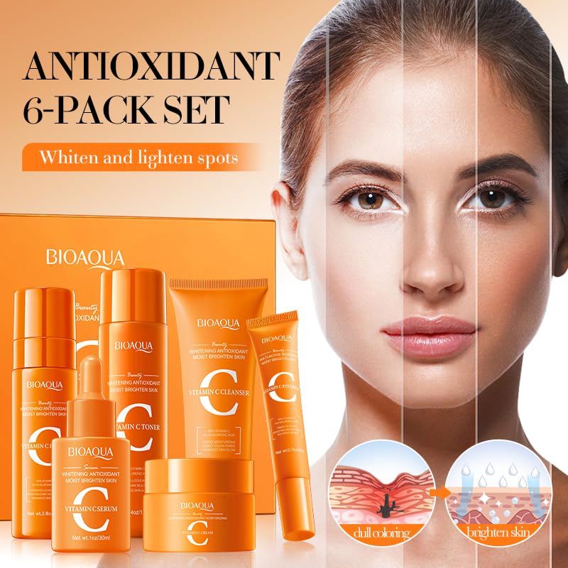 BIOAQUA 6 Pcs Vitamin C Skin Care Set Whitening Brightening & Moisturizing Skin Care Whitening Facial Kit BQY18939