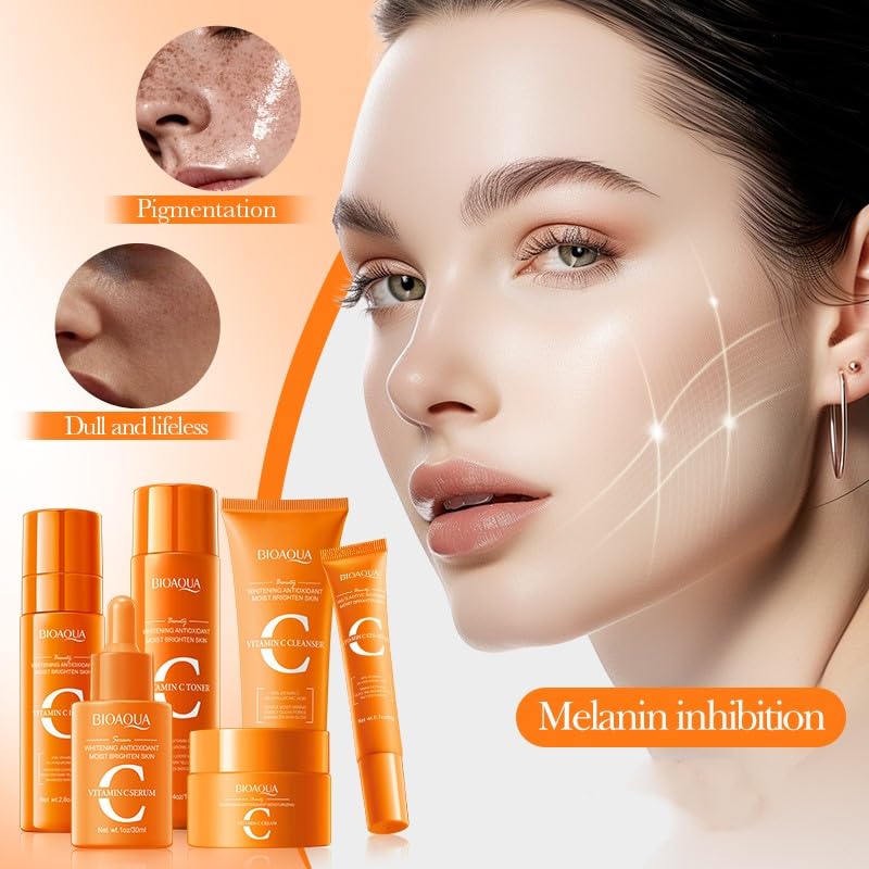 BIOAQUA 6 Pcs Vitamin C Skin Care Set Whitening Brightening & Moisturizing Skin Care Whitening Facial Kit BQY18939