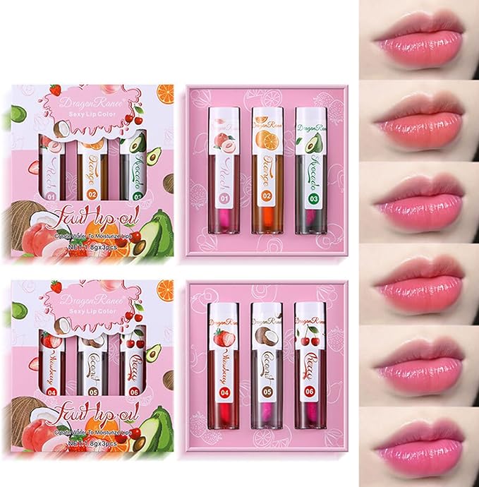 Dragon Ranee 3Pcs/Set Natural Fruit Moisturizing Long Lasting Nourishing Lip Oil Reduces Fine Lines and Relieves Dryness Lip OIL 1.8g x 3 ( B ) DR63A