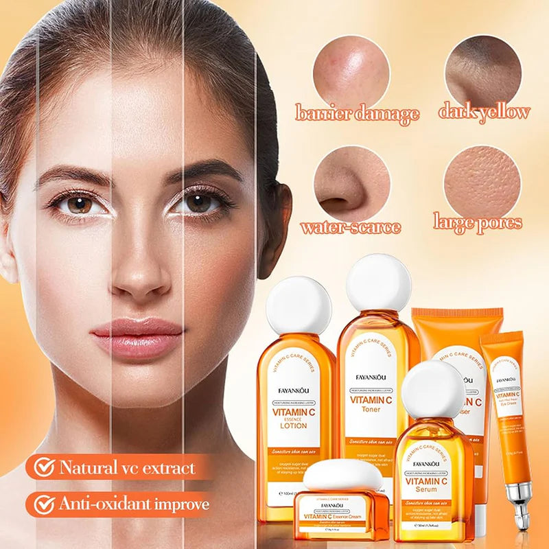 FAYANKOU Vitamin C 6 Pcs Whitening Face Kit Skin Repair Orange Essence Brightening Skin Care Set Whitening Brightening & Moisturizing Facial Kit FYK17178