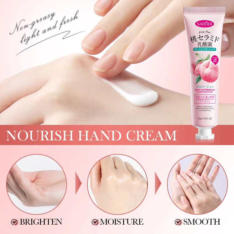 SADOER Organic Fruit Peach Hand Cream Whitening Brightening Nourishing Moisturizing Hand Cream Anti Cracking Skin Care Hand Care Cream SD13422