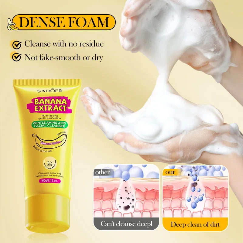 SADOER Banana Facial Cleanser Deep Cleaning Oil-Control Whitening Brightening & Moisturizing Face Wash Hydrating Refreshing Rich Foam Banana Facial Wash Cleanser 60g SD35844