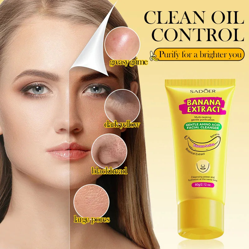 SADOER Banana Facial Cleanser Deep Cleaning Oil-Control Whitening Brightening & Moisturizing Face Wash Hydrating Refreshing Rich Foam Banana Facial Wash Cleanser 60g SD35844