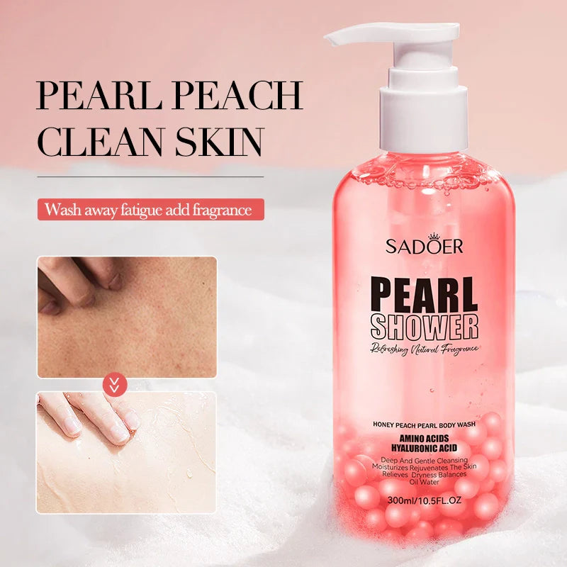SADOER Natural Organic Peach Pearl Fragrant Shower Gel Refreshing Bath Body Wash Deep Cleansing Whitening Moisturizing Shower Gel 300ml SD49253