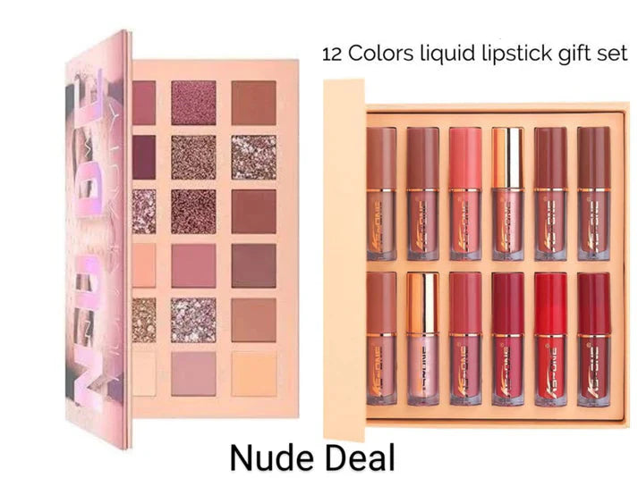 Miss Beauty Shimmer & Shine 2 In 1 Nude Deal 12 Pcs Matte Lipgloss Set + Nude Palette 18 Colors