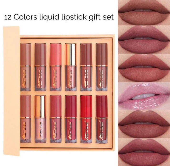 Miss Beauty Shimmer & Shine 2 In 1 Nude Deal 12 Pcs Matte Lipgloss Set + Nude Palette 18 Colors