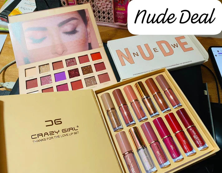 Miss Beauty Shimmer & Shine 2 In 1 Nude Deal 12 Pcs Matte Lipgloss Set + Nude Palette 18 Colors