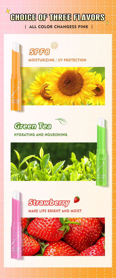 Miss Beauty Pack of 03 Pink Magic Color Changing Lip Balm – Moisturizing & Natural Tint (Sunflower,Strawberry,Green Tea)