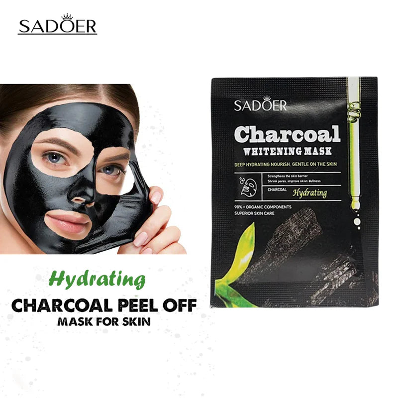 Sadoer Charcoal Whitening Face Mask – Pack of 10 | Deep Detox + Hydrating Sheet Mask