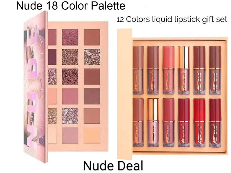 Miss Beauty Shimmer & Shine 2 In 1 Nude Deal 12 Pcs Matte Lipgloss Set + Nude Palette 18 Colors