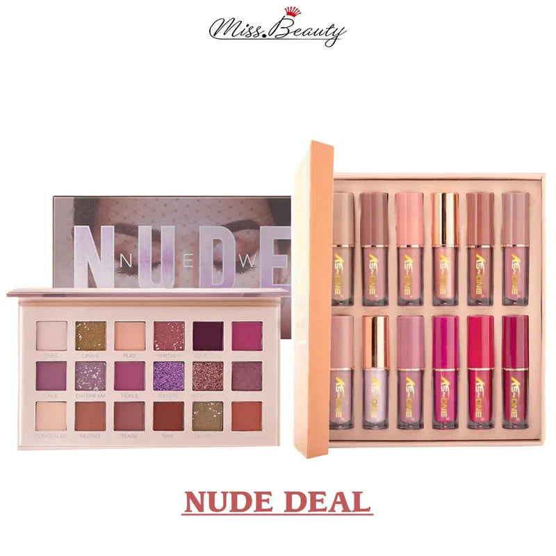 Miss Beauty Shimmer & Shine 2 In 1 Nude Deal 12 Pcs Matte Lipgloss Set + Nude Palette 18 Colors