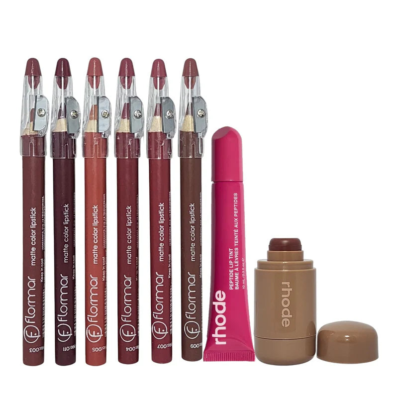 Glow-Up Trio- 1Pc Rhode Pocket Blush + 1 Pc Rhode Lip Gloss + 6pcsFlormar Matte Color Lipstick Pencil Set – Long Lasting Lip & Cheek Makeup