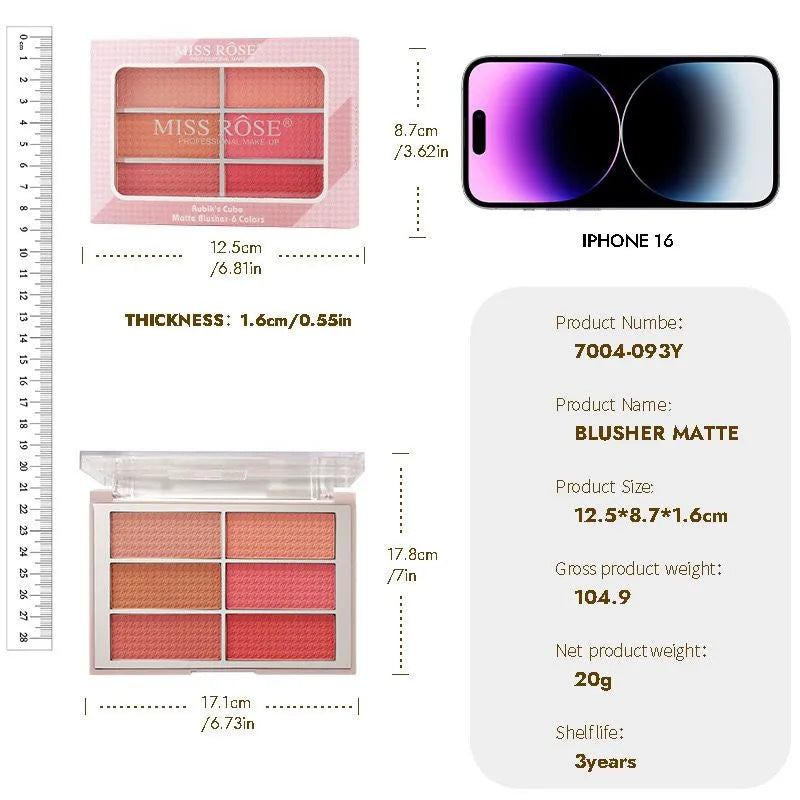 Miss Rose makeup 6 Color Rubik's Cube Matte Blusher