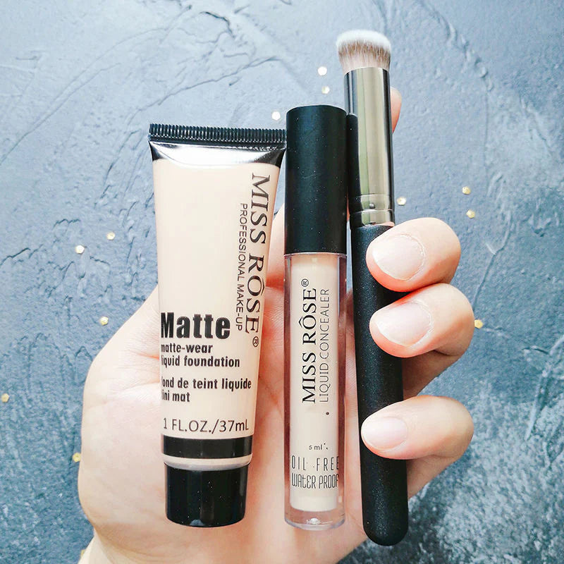 MISS ROSE Concealer , Liquid Foundation & Brush - 3 Pcs Set